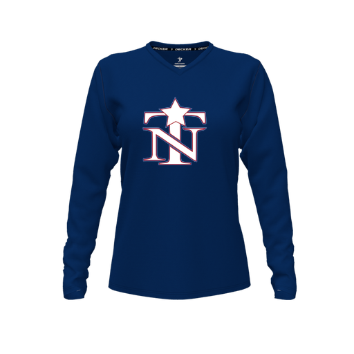 [CUS-DFW-TEES-CMF-VNK-LSL-NVY-FYXS-LOGO3] Comfort T-Shirt (Female Youth XS, Navy, V Neck, Logo 3, Long Sleeve)