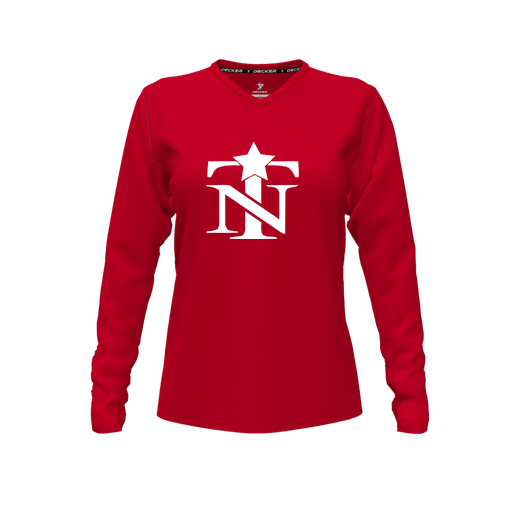 [CUS-DFW-TEES-CMF-VNK-LSL-RED-FYXS-LOGO2] Comfort T-Shirt (Female Youth XS, Red, V Neck, Logo 2, Long Sleeve)