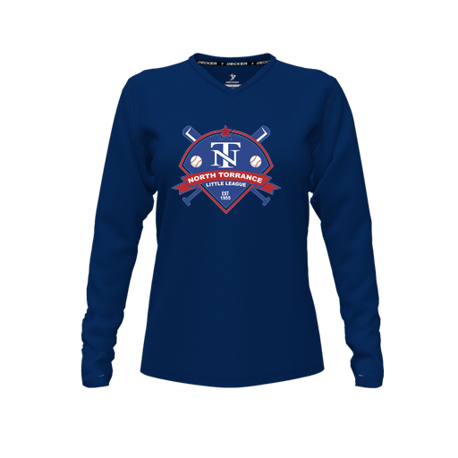 [CUS-DFW-TEES-PER-VNK-LSL-NVY-FYXS-LOGO1] Decker Performance T-Shirt (Female Youth XS, Navy, V Neck, Logo 1, Long Sleeve)