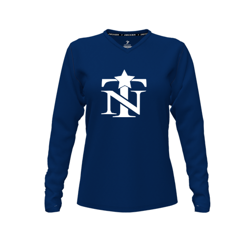 [CUS-DFW-TEES-PER-VNK-LSL-NVY-FYXS-LOGO2] Decker Performance T-Shirt (Female Youth XS, Navy, V Neck, Logo 2, Long Sleeve)