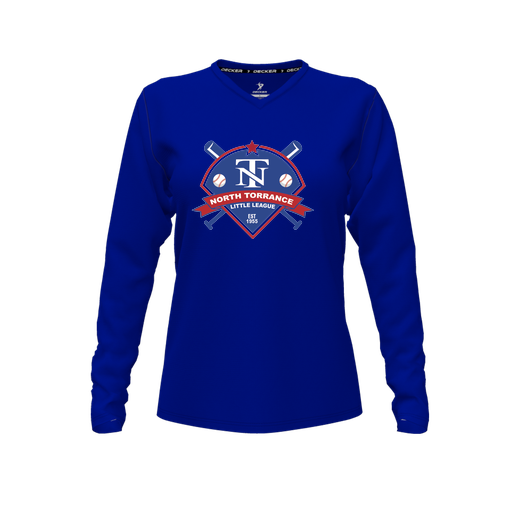 [CUS-DFW-TEES-PER-VNK-LSL-RYL-FYXS-LOGO1] Decker Performance T-Shirt (Female Youth XS, Royal, V Neck, Logo 1, Long Sleeve)