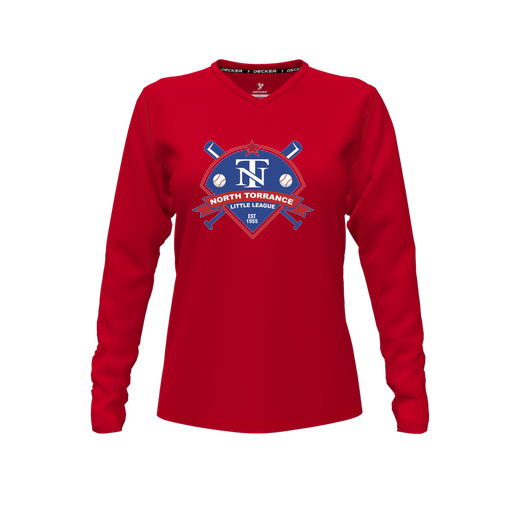 [CUS-DFW-TEES-PER-VNK-LSL-RED-FYXS-LOGO1] Decker Performance T-Shirt (Female Youth XS, Red, V Neck, Logo 1, Long Sleeve)